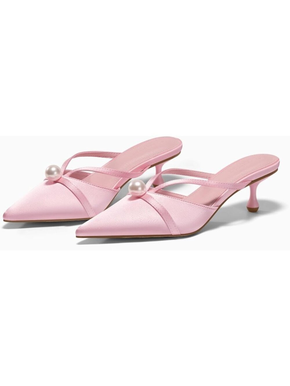 Women's Pearl Kitten Heels Mules Closed Pointed Toe Pink Sandal Satin Shoes - Picture 5 of 6